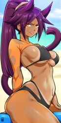 1girls bare_arms bare_legs bare_shoulders bare_thighs bayeuxman big_breasts bikini bikini_bottom bikini_top bleach cat_ears cat_tail catgirl clothed clothing color dark-skinned_female dark_skin female female_focus female_only hi_res large_breasts looking_at_viewer purple_hair shihouin_yoruichi solo solo_female tagme tail thick_thighs yellow_eyes