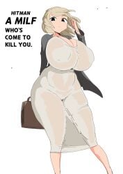 breasts emotionless emotionless_female hi_res hips hitman huge_breasts indifferent light-skinned_female light_skin milf original original_character parody simple_background thick_thighs thighs voluptuous wide_hips woohyoot