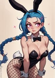 1girls ai_generated blue_hair bunny_ears bunnysuit female female_only fishnets jinx_(league_of_legends) league_of_legends pink_eyes playboy_bunny powwyarts solo