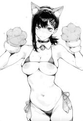 1girls ai_generated bell bellybutton bikini_top_lift black_and_white black_hair black_hair_female blush blushing breasts breasts_out cat_ears catgirl chainsaw_man collar condom higashiyama_kobeni micro_bikini monochrome multiple_condoms nipples panties paw_gloves paws shy sweating sweating_profusely