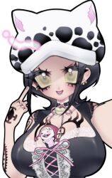 arm_tattoo big_breasts black_hair canon_genderswap cat_ears chest_tattoo cleavage collar dearslilith donquixote_rosinante earrings female female_only flipping_off genderswap_(mtf) hand_tattoo hat lace looking_at_viewer middle_finger neck_ribbon object_between_breasts one_piece plushie rule_63 selfie short_hair shoulder_tattoo smile tattoo tattoos trafalgar_law trafalgar_law_(female) upper_body yellow_eyes