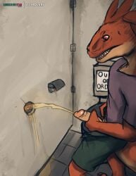 1boy 2024 absurd_res anthro bathroom biped bodily_fluids digital_media_(artwork) dinosaur dromaeosaurid erection genital_fluids genitals glory_hole hi_res humanoid_genitalia humanoid_penis lizardlars male male_only orange_body peeing penis public public_restroom raptorlars reptile restroom_stall scalie solo tan_body theropod toilet urine urine_stream watersports