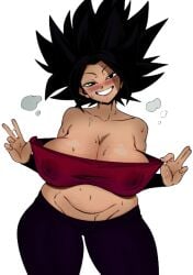 1girls ajaycolor big_breasts black_hair blush bunkwizard caulifla cleavage clothed color color_edit colored colored_inner_hair colored_sketch colored_skin colorized dragon_ball dragon_ball_super female female_only female_saiyan large_breasts looking_at_viewer looking_back navel nipple_bulge peace_sign presenting pulling_shirt saiyan slightly_chubby smile solo solo_female solo_focus sweat sweatdrop thick_thighs thighs tubetop wide_hips