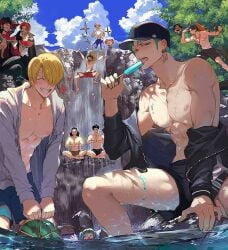 11boys \r\n bishonen blonde_hair buggy_the_clown detailed_background dracule_mihawk duo_focus grin hair_over_one_eye hoodie koby_(one_piece) looking_at_viewer male male_only marshall_d_teach monkey_d_luffy