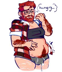 1boy alex_eggleston bear beard bulge bulge_through_clothing cum cum_through_clothes fat flushed ginger hairy hungry male_only obese partially_clothed precum scars self_harm self_harm_scars stomach_growling stretch_marks sweat sweating tearing_up white_skin yiik:_a_postmodern_rpg