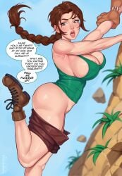 2d 2d_(artwork) ange1witch areolae areolae_slip ass athletic athletic_female big_breasts braid breasts brown_eyes brown_hair bubble_butt cleavage female female_focus female_only lara_croft lara_croft_(classic) long_hair short_shorts speech_bubble tagme tomb_raider wardrobe_malfunction