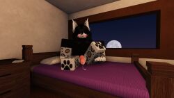 1boy 3d anthro bed blush bodily_fluids bottomless clothed clothing dripping felid feline flaccid furniture genital_fluids genitals hi_res hybrid male mammal night paws penis precum precum_drip raised_paw roblox robloxian shirt solo source_request st4rrynixht tagme topwear