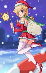 1girls blonde_hair christmas color detached_sleeves earrings female hair heart high_heels human jewelry jumping lipstick long_hair luma makeup mario_(series) miniskirt nail_polish nintendo payot princess_rosalina shoes sigurdhosenfeld skirt smile snow solo_focus standing stockings super_mario_bros. thighhighs zettai_ryouiki