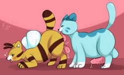 antennae_(anatomy) anthro arthropod balls bee belly black_eyes black_nose blue_body blue_fur bodily_fluids candy candy_cat cat-bee_(poppy_playtime) cunnilingus dessert digital_media_(artwork) domestic_cat duo e-01 erection felid feline felis female feral_only food fur fur_markings genital_fluids genitals hi_res hybrid hymenopteran insects long_tongue male male_only mammal markings mob_entertainment open_mouth oral overweight penile_spines penis poppy_playtime precum saliva sex simple_background smile stripes tail tongue tongue_out vaginal_penetration white_body white_fur wings yellow_body yellow_fur