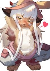 absurdres animal_ears arms_up blush body_fur brown_fur cleft_of_venus clothes_pull female furry furry_female heart highres long_hair made_in_abyss nanachi narehate open_mouth pants pants_pull pussy pussy_juice simple_background solo spread_legs squatting tan_liao white_background white_hair