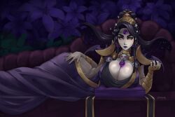 1girls big_breasts black_hair breasts clothing curvaceous dark_hair earrings emotionless female female_only flower goddess gold_eyes hades_(game) hips jewelry laying_on_side milf nail_polish nyx_(hades) pale-skinned_female purple_lipstick purple_nails sindio wide_hips