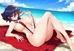 1girls ai_generated asian_female bare_arms bare_legs bare_shoulders bare_thighs beach big_breasts black_hair blue_eyes blush bons_ai clothed clothing color female female_focus female_only hi_res kill_la_kill large_breasts light-skinned_female light_skin looking_at_viewer matoi_ryuuko nipples_visible_through_clothing one-piece_swimsuit paag sand sea sling_bikini solo solo_female swimwear tagme thick_thighs water