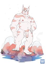 2022 absurd_res anthro balls belly biceps chest_tuft facial_hair feet felid feline flaccid forearm_muscles foreskin fur genitals goatee hand_on_hip hi_res hot_spring lomlynx lynx male mammal manly musclegut muscular navel nipples nude pecs penis pink_body pink_fur pink_stripes plant pubes rock sideburns simple_background slightly_chubby smile solo standing steam striped_body stripes triceps tuft vein veiny_penis water white_background