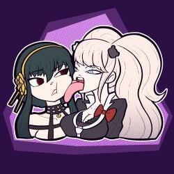 2d 2d_(artwork) 2d_artwork 2girls black_hair black_hair_female blue_eyes blue_eyes_female breasts crossover danganronpa digital_drawing_(artwork) digital_media_(artwork) face_lick face_licking female female/female female_focus female_only forced_yuri human human_female junko_enoshima licking licking_face light-skinned_female light_skin long_hair long_hair_female mk210 not_porn red_eyes red_eyes_female red_lips small_breasts spy_x_family strawberry_blonde_hair thorn_princess tongue tongue_out weird_crossover yor_briar yor_forger