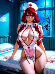 0assult0 ai_generated arm_support bangs bare_legs bare_thighs bat bed_covers breasts cleavage_cutout cosplay curtains dead_tree digital_drawing_(artwork) fairy_tail female goddess halloween horror_(theme) hospital hospital_bed hungry_eyes inviting_to_sex irene_belserion irresistible large_breasts mature_female midnight milf naughty_face nurse nurse_uniform pearl_earrings perfect_body pillow red_hair seductive seductive_smile semi_realistic twin_pigtails villainess voluptuous_female window witch
