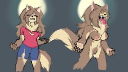after_transformation ass_expansion breast_expansion breasts clothed drooling female fully_clothed_female furry furry_female genitals hip_expansion nipples nude_anthro nude_female ripped_clothing species_transformation torn_clothes transformation transformation_sequence unwilling_transformation werewolf_girl yellow_eyes yellow_sclera