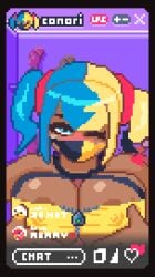 1girls 2d animated animated_gif areolae big_breasts bikini_top blue-eyed_female blue_and_yellow_hair blue_eyes blue_eyes_female blush breasts canari_(pokemon) canary_(pokemon) chat cum cum_on_breasts cum_on_face_mask cumshot face_mask female gif heart klajksf loop nintendo nipples nipples_visible nipples_visible_through_bikini nipples_visible_through_clothing one_eye_closed paizuri penis penis_between_breasts phone_screen phone_view pixel_animation pixel_art pokemon pokemon_legends:_z-a pressing_breasts_together streaming titjob user_interface