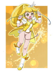 1girl 1girls blonde_hair blush boots bottomless catheter clothing cuffs cure_peace female female_urethral_insertion magical_girl ogu_(oguogu) open_mouth peeing precure pretty_cure pussy smile smile_precure solo urethral_insertion white_border yayoi_kise yellow_background yellow_eyes yellow_theme young