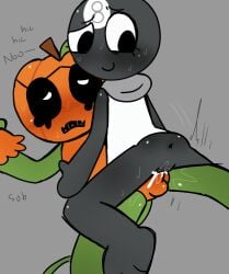 1boy 1girls anus ass black_blush black_body black_sclera blush bottomless bottomless_female codslasher dandy's_world deadtoons english_text feet female female_on_top gourdy_(dandy's_world) leaf male_penetrating male_penetrating_female object_head orange_blush penetration pumpkin pumpkin_head pussy raised_eyebrow rape reverse_rape sex shirt small_ass smile text toodles_(dandy's_world) vaginal_penetration vaginal_sex white_shirt