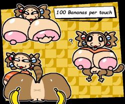 :3 accessory anthro anus areola ass banana big_areola big_breasts big_butt blush blush_lines bottomless breast_squish breasts brown_body clothed clothing clothing_lift dialogue english_text exposed_breasts female food fruit genitals glistening glistening_body glistening_breasts hair_accessory hand_on_breast holding_breast huge_breasts huge_butt lemur looking_at_viewer looking_back mammal multicolored_body navel nipples nxyitn open_mouth outline partially_clothed pattern_background plant presenting presenting_hindquarters primate pussy question_mark sega shirt shirt_lift shirt_only simple_background sitting smug solo squish standing strepsirrhine super_monkey_ball tail talking_to_viewer taunting text topwear topwear_only underbelly vulva white_outline x_anus yanyan yellow_body