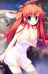 ahoge aqua_eyes blush breast_hold breast_slip breasts cleavage female hair_ribbon high_resolution leaning_forward long_hair looking_at_viewer mitha naked_towel night night_sky nipple_slip nipples one_breast_out onsen open_mouth orange_hair pointy_chin ribbon ripples sky solo star_(sky) takasaki_honoka tied_hair towel tree twintails wading water wet yuyukana