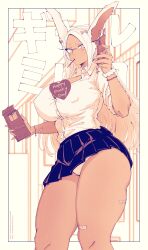 absurdres animal_ears bandaid bandaid_on_leg bandaid_on_wrist blue_skirt blush boku_no_hero_academia bracelet breasts cellphone cellphone_charm charm_(object) collared_shirt commentary covered_erect_nipples dark-skinned_female dark_skin ear_piercing english_commentary english_text fanbox_username female fingernails food food_in_mouth frilled_skirt frills guchapin hair_ornament highres holding holding_food holding_phone holding_pocky jewelry large_breasts long_eyelashes long_hair looking_at_viewer microskirt mirko my_hero_academia panties pantyshot parted_bangs patreon_username phone piercing pleated_skirt pocky pocky_day pocky_in_mouth rabbit_ears rabbit_girl scrunchie shirt shirt_tucked_in skirt sleeves_rolled_up smartphone solo thick_thighs thighs underwear very_long_hair watermark web_address white_hair white_panties white_shirt wrist_scrunchie wrist_straps x_hair_ornament
