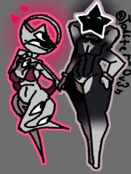 1boy 1boy1girl 1girls 4_arms abs arms_behind_head artist_signature bikini black_body completely_nude_male cyclops eldritch_horror eyes_on_body eyes_on_legs female gradient_skin grey_skin hand_on_hip hand_under_chin heart_symbol holding_hands looking_at_partner male married_couple muscular muscular_male pointy_feet ribbon self_upload to4ster-0v3n_(artist)