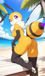 ai_generated anthro anthro_only ass beach bee breasts cute cute_expression cute_eyes cute_face female furry furry_female gobabsnow happy insect insect_girl insect_wings insects medium_breasts paws poison_bee pussy smile solo_farming_in_the_tower solo_female wings yellow_body yellow_nipples