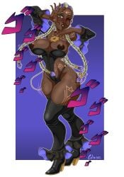 1girls 2d 2d_(artwork) 2d_artwork armwear artist_name background big_ass black_armwear black_eyelashes black_legwear blush bodypaint braid braided_hair breasts breasts_out clothed clothed_female comicolin curvaceous curvy_female dark-skinned_female dark_skin dolores_(kof) dreadlocks dress earrings eyebrows eyelashes female female_focus glasses gold gold_(metal) gold_jewelry green_eyes hands_up heels huge_ass jewelry jiggle jojo_pose jojo_reference king_of_fighters legwear long_hair looking_at_viewer menacing_(meme) movement_lines nipples one_eye_closed panties purple_hair round_glasses simple_background standing thick thick_legs thick_thighs thighs tits_out two-tone_hair voluptuous voluptuous_female white_hair wide_hips wink
