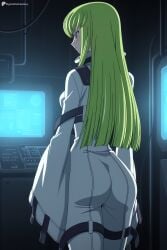 1girl ai_generated ass blush bodysuit breasts c.c. code_geass digitalwaifugallery from_behind green_hair hi_res high_quality high_resolution long_hair long_sleeves looking_at_viewer looking_back monitor patreon seductive sexy solo standing straitjacket twitter_username uncensored watermark white_bodysuit wide_sleeves yellow_eyes