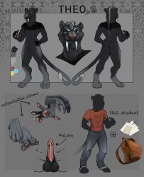2015 animal_genitalia animal_penis anthro backpack balls black_body black_fur blue_eyes bottomwear clothing denim denim_bottomwear denim_clothing erection fangs felid feline feline_genitalia feline_penis fully_sheathed fur genitals grey_body grey_fur grey_hair hair heterochromia hi_res hybrid i-psilone jeans lion looking_at_viewer male male_anthro mammal model_sheet notebook nude nude_anthro nude_male pantherine pants paper penis pink_penis prehistoric_species saber-toothed_tiger sabertooth_(anatomy) sheath shirt smile solo standing teeth theo_blackfang topwear yellow_eyes
