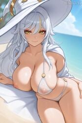 ai-created ai_art ai_assisted ai_generated ass beach beach_background big_ass big_breasts big_butt big_nipples big_thighs bikini bikini_bottom bikini_top breasts breasts_out curvy curvy_body curvy_female curvy_figure curvy_hips eklioai exposed_breasts exposed_nipples genshin_impact ocean ocean_background sitting white_bikini white_hair wizard wizard_hat yellow_eyes zibai zibai_(genshin_impact)