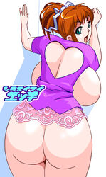 1girls against_wall ass blonde_hair blue_eyes bow breasts curvy dat_ass female_only from_behind heart huge_ass huge_breasts jyubei looking_back open_mouth sideboob solo thick_thighs thighs