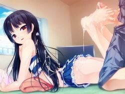 2boys aogiri_penta arched_back ass barefoot black_hair blush book censored crossdressing cum cum_on_ass cum_on_body cum_on_clothes cum_on_hair cum_on_lower_body cumdrip erection feet femboy footjob game_cg gay girly happy_sex long_hair looking_back lying male male_only miniskirt multiple_boys nounai_kanojo open_mouth pajamas penis pillow red_eyes shiokouji_kanata skirt smile television toes trap window yaoi yome_juu!