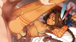 ass bed bondage braid breasts brown_hair censored chains dark-skinned_female dark_skin eiyuu_senki feathers female geronimo_(eiyuu_senki) green_eyes interracial legs long_hair miniskirt native_american ooyari_ashito open_mouth penis pussy rape sex skirt slave small_breasts squaw tattoo