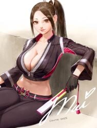 artist_name big_breasts black_gloves black_jacket black_pants breasts brown_eyes brown_hair capcom character_name cleavage commentary conto crop_top cropped_jacket dated eyeshadow fatal_fury fatal_fury:_city_of_the_wolves female folded_fan folding_fan gloves hair_up hand_fan high_ponytail highres jacket large_breasts lipstick long_hair long_sleeves looking_at_viewer mai_shiranui mai_shiranui_(city_of_the_wolves) makeup midriff navel pants partially_unzipped pink_lips ponytail signature smile snk solo street_fighter street_fighter_6