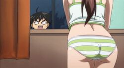 animated ass ass_shake back brown_hair camisole cap female long_hair lowres male mitsuki_sohara panties ponytail sakurai_tomoki screencap sora_no_otoshimono striped striped_panties underwear