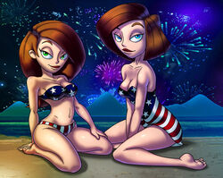 14-bis 2girls american_flag american_flag_bikini ann_possible beach bikini blue_eyes breasts cleavage disney female female_only green_eyes human kim_possible kimberly_ann_possible kneeling lipstick medium_breasts milf mother_and_daughter multiple_females orange_hair redhead straight_hair swimsuit