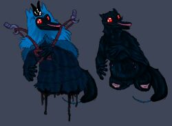 amputee anatid anseriform anthro avian belly_nipples bird black_body black_feathers blue_markings cape chemach_(cult_of_the_lamb) cloak clothing crown cult_of_the_lamb dinosaur disability double_amputee duck feathered_dinosaur feathered_scalie feathers female headgear hi_res hook iridescent markings massive_monster_(studio) mismatched_pupils missing_leg overweight prehistoric_species red_eyes red_markings reptile rope scalie scar sideways_mouth solo tail_injury welcometaco wounded