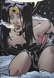 blue_eyes bondage breath_cloud brown_hair busty comic corset diana_of_themyscira freezing lasso_of_truth looking_up official_art on_knees red_son snow thick_thighs wonder_woman