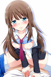 1boy 1girls accel_world bad_id blue_eyes blush bra bra_lift breasts female handjob highres kurasaki_fuuko long_hair male necktie open_clothes open_shirt penis skirt skirt_around_one_leg straddle underwear yopparai_oni