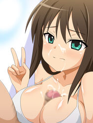 bikini blush bra breasts brown_hair censored cum cum_on_body cum_on_breasts cum_on_upper_body ejaculation facial female human idolmaster idolmaster_cinderella_girls large_breasts male miyamaya paizuri penis sex shibuya_rin straight v