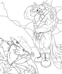 1boy abs anthro biceps canine digimon fire fur furry hyper_muscles kyuuhari male male_only masturbation muscles pecs penis solo voyeur weregarurumon wolf zudomon