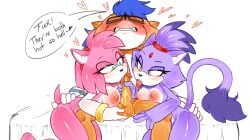 1boy 2026 2girls 2girls1boy absurd_res amy_rose anthro areola balls bedroom_eyes blaze_the_cat blue_hair blush bodily_fluids breasts clenched_teeth clothing collaborative collaborative_fellatio collaborative_oral collaborative_sex dialogue digital_drawing_(artwork) digital_media_(artwork) dipstick_hair dipstick_tail domestic_cat english_text eulipotyphlan eyewear fan_character felid feline felis fellatio female forehead_gem gem genitals glasses gloves gloves_only green_eyes group hair hand_on_butt handwear handwear_only heart_symbol hedgehog hi_res holding_balls humanoid_genitalia humanoid_penis kneeling_oral_position licking male male/female mammal markings mayghely mostly_nude narrowed_eyes oral orange_body penile penis penis_in_mouth penis_lick pink_body purple_body raised_tail saliva saliva_on_penis saliva_string seductive sega sex simple_background sitting sonic_(series) sonic_the_hedgehog_(series) speech_bubble spreading tail tail_markings teeth text tongue tongue_out tongue_out_fellatio trio wearing_glasses white_background yellow_eyes