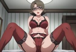 1girls ai_generated bed bedroom bra brown_hair female glasses green_eyes inviting latty lingerie lipstick on_bed red_bra red_lingerie red_lipstick red_thighhighs seductive short_hair sitting sitting_on_bed spread_legs tatakau_shisho the_book_of_bantorra