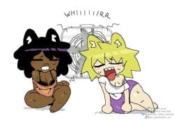 2girls animal_ears black_neco-arc black_neco-arc_(dagothurfanclub) breasts cat_humanoid closed_eyes cooling_off dagothurfanclub dark-skinned_female dark_skin dogrush electric_fan fan fat_ass female female_only lingerie medium_breasts mocha-arc neco-arc neco_spirit panting shortstack straps_off_shoulders sweat sweat_stain sweatdrop sweating sweating_profusely sweaty_body sweaty_breasts thick_thighs