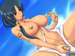 armlet black_hair blue_eyes blue_hair blush breasts choker clitoris cosplay dildo female genie hair_tubes hakuei_ren hiro_(hankakudouga) inverted_nipples large_breasts long_hair magi:_the_labyrinth_of_magic masturbation mole nipples paimon paimon_(cosplay) pasties pussy pussy_juice ren_hakuei sitting sky solo tan uncensored vaginal_penetration