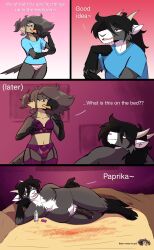 absurd_res accessory animal_genitalia animal_penis anthro arm_support avian bed bedroom belly birb_(somesacredbird) bird black_body black_fur black_hair bodily_fluids bottomwear bovid bra brown_body brown_eyes brown_feathers brown_hair caprine chest_tuft clothing comic condom_wrapper dialogue domestic_goat duo english_description english_text equine_genitalia equine_penis feathers fluffy fluffy_hair fur furniture genital_fluids genitals gloves_(marking) goat grey_body grey_fur hair hair_accessory hair_tie hi_res horn humor lace_bra lace_panties leaking_precum leaning_on_elbow leg_markings lingerie long_hair lube_bottle lying male male/male mammal markings navel nonbinary_(lore) on_side overweight overweight_anthro overweight_male panties pattern_bottomwear pattern_clothing pattern_panties pattern_underwear penis precum pygmy_goat red_eyes shirt socks_(marking) spices striped_bottomwear striped_clothing striped_panties striped_underwear stripes t-shirt tank_top tapering_penis text thatbirdboi tied_hair topwear tuft underwear white_body white_fur