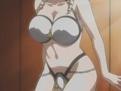 1girls animated breasts chastity chastity_belt chastity_bra chastity_device cleavage dancing discipline:record_of_a_crusade female female_chastity female_only long_hair midriff morimoto_leona navel screencap solo