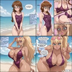 1girls ai_generated ambrose ass_expansion beach big_ass bimbo bimbofication blonde_hair bracelet breast_expansion breasts brown_hair bursting_breasts cleavage comic female freckles glasses green_eyes hair_growth hoop_earrings huge_breasts lip_expansion nerd one-piece_swimsuit original_character outdoors pink_eyeshadow pink_lipstick pink_nails ponytail self_upload stable_diffusion sunglasses sunglasses_on_head thick_lips thick_thighs wide_hips